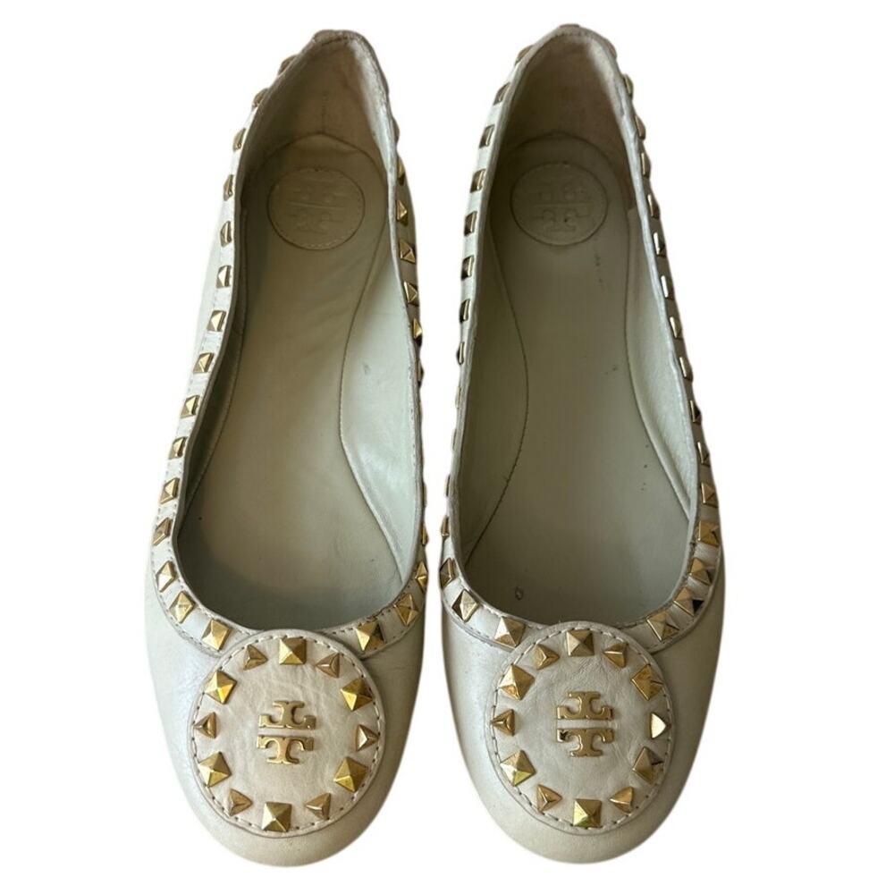 Tory Burch Dale Ballet Flats Pale Khaki Studded Logo 9